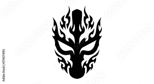 A striking black tribal mask with flame-like accents, evoking a sense of power and mystery.