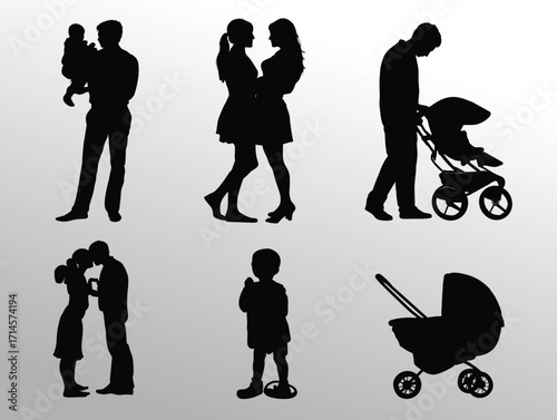 A collection of detailed black silhouettes illustrates various family moments and relationship stages, including parenting and affection.