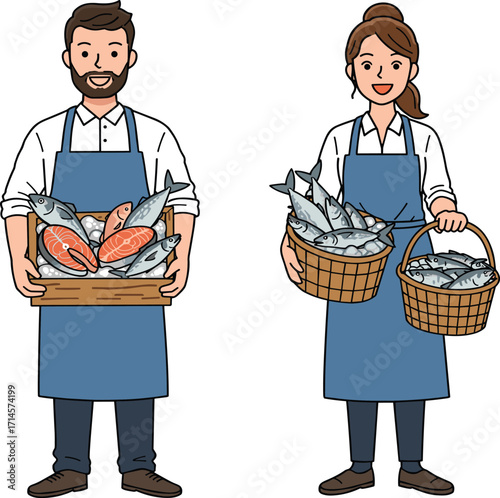 Seafood vendor illustration, fish and crab, market scene, basket and crate, occupational attire, vector art, flat design, stock image, character pose
