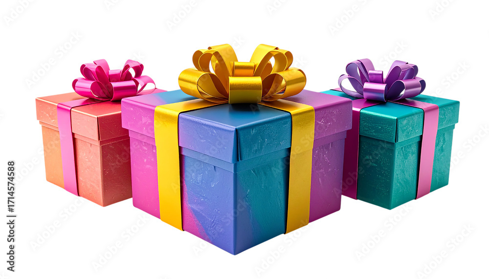 Obraz premium Colorful gift boxes gleam with ribbons and bows on a transparent background. Perfect for product mockups and holiday posters.