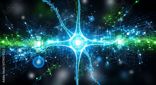 Abstract Glowing Neuron Network with Blue and Green Connections