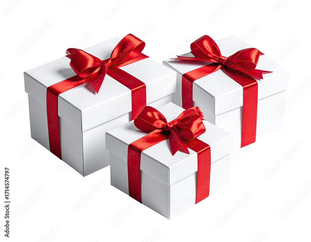 Obraz premium Three white gift boxes, stacked, tied with red ribbon