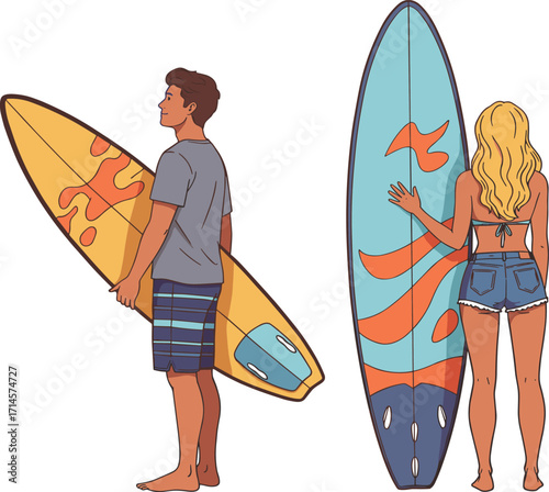 Surfing, beach, cartoon, summer, surfboard, man, woman, ocean, wave, sport, lifestyle, fun, bikini, shorts, active, outdoor, illustration, culture, adventure, tropical