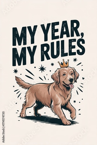 Playful Golden Retriever with Crown, My Year, My Rules Graphic D