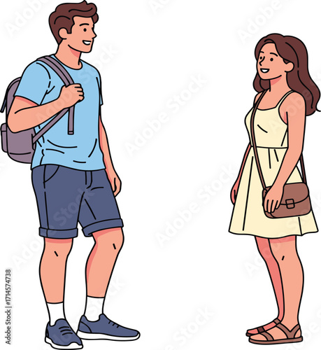 Student couple illustration, casual conversation, summer outfit, backpack and bag, outdoor interaction, vector art, flat design, lifestyle scene, stock image