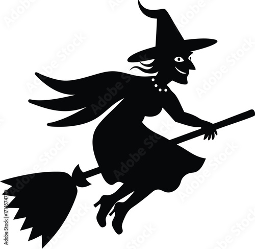Halloween witch flying on a broomstick with themed costume