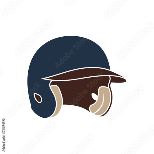 Baseball helmet illustration with a dark blue shell, brown visor, and beige padding.