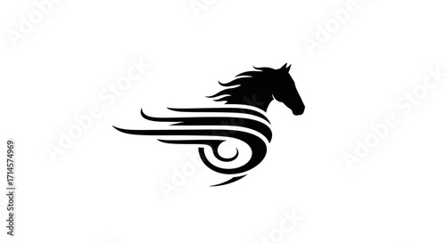 A stylized black silhouette of a horse in motion, with its mane and tail flowing into abstract wing-like shapes.