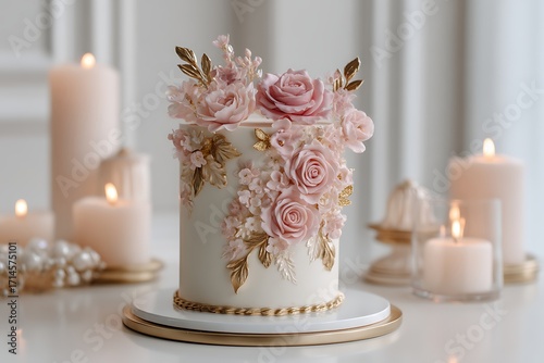 An elegant birthday setup featuring a delicate floral cake adorned with edible roses and soft gold accents, set on a white backdrop with gentle lighting