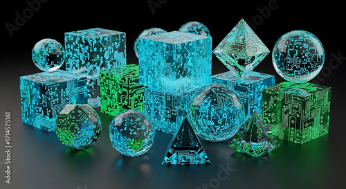 Abstract Blue and Green Glowing Geometric Shapes with Bubbles on Dark Background
