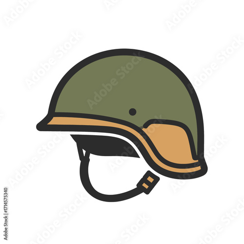 Olive-green military helmet, side view, simple line art illustration.