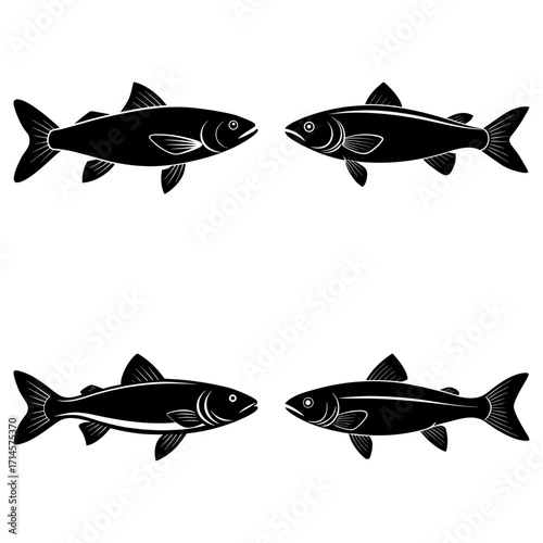 Illustration of four black fish facing each other in pairs on a white background design element