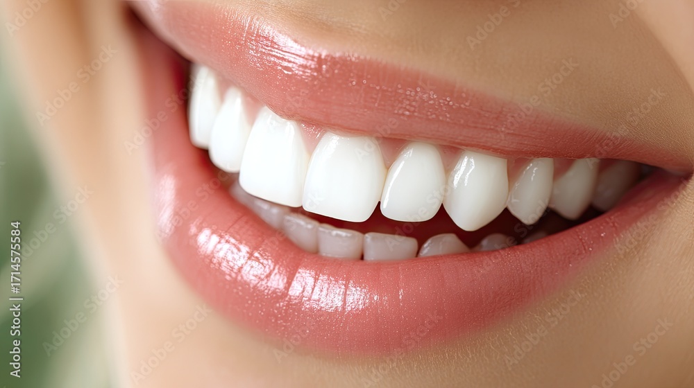 Obraz premium Bright smile showcasing healthy white teeth and smooth lips in a close-up view during a sunny day