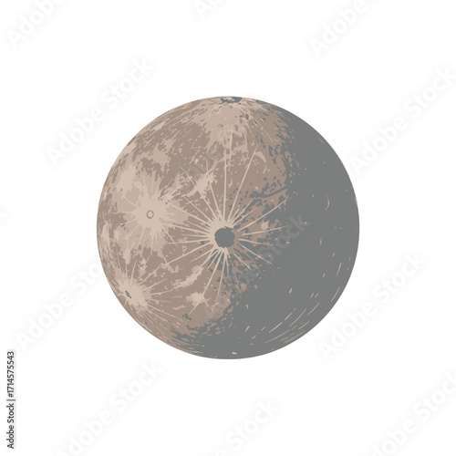 A detailed illustration of the moon's surface, showing craters and shadows, isolated on white.
