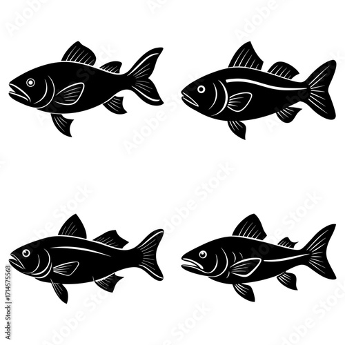 Four stylized fish silhouettes in black and white showing different poses and fin arrangements swimming