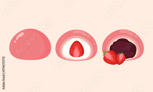 Streabwerry mochi illustration. Japanese snack cartoon. Delicious daifuku with fruit. Can be used for sticker and wallpaper