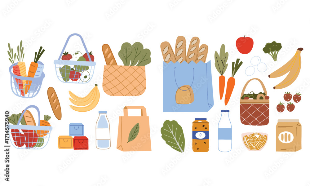 Fototapeta premium Healthy Grocery Shopping Guide And Fresh Fruits, Vegetables, Bread & Daily Essentials