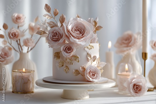 An elegant birthday setup featuring a delicate floral cake adorned with edible roses and soft gold accents, set on a white backdrop with gentle lighting