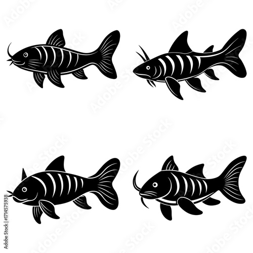 Four stylized black catfish with distinctive barbels and striped bodies arranged in a square pattern