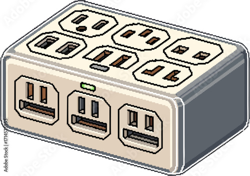 A pixelated image showcasing a power strip with multiple electrical outlets, ready for use.