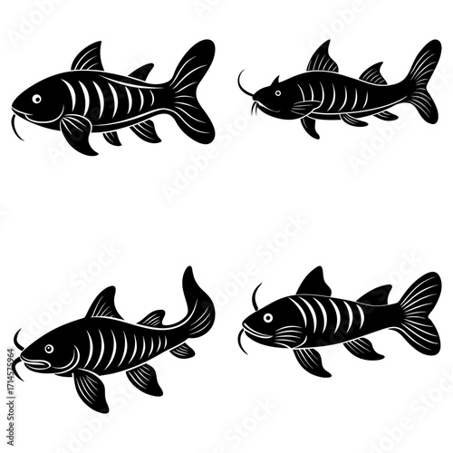 Illustration of four black catfish with detailed fins and whiskers swimming in different directions