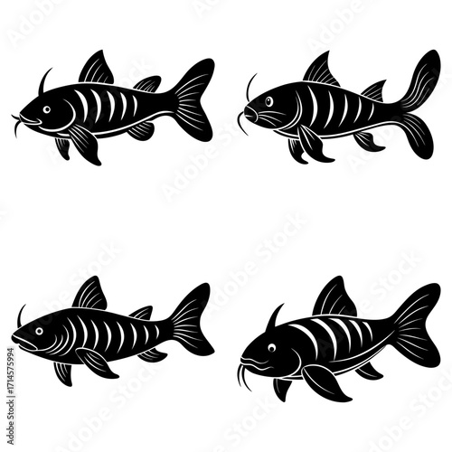 Four stylized black catfish with distinctive fins and whiskers arranged symmetrically on white background
