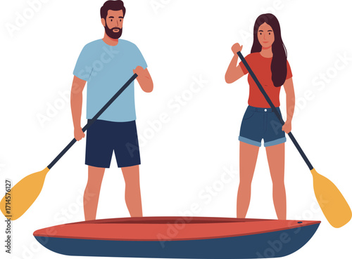Two people paddleboarding on calm water, outdoor summer sport, fitness activity, travel adventure, nature recreation, lifestyle, exercise, boating fun