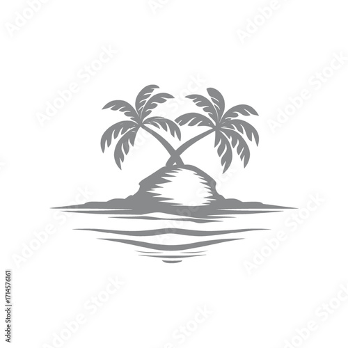 Island paradise with two palm trees reflected in the ocean Illustration