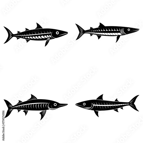 Four stylized barracuda fish in black and white with varying fin and body designs swimming in different directions