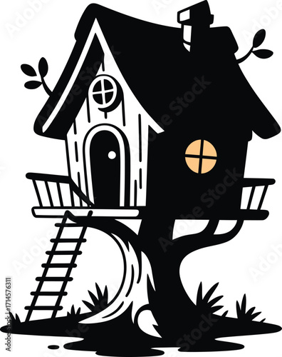 Whimsical Treehouse Silhouette Illustration Nestled Among Branches in a Forest or Backyard
