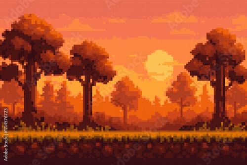 Pixel art forest landscape at sunset with orange sky, retro 8-bit game background with trees, grassy platform and scenic horizon
