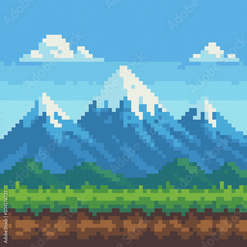 Pixel art mountain landscape with snow peaks, retro 8-bit game background with blue sky, green grass platform and scenic horizon
