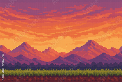 Pixel art mountain landscape at sunset, retro 8-bit game background with orange sky, purple hills, grass platform and scenic horizon,