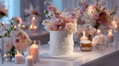 An elegant birthday setup with a white fondant cake, fresh floral accents, and soft lighting for a refined atmosphere