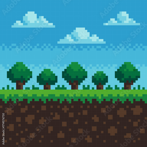 Pixel art game background with trees, grass, soil and blue sky, retro 8-bit forest landscape, 2D platformer environment