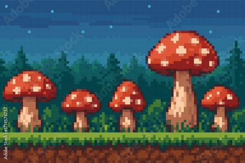 Pixel art fantasy forest background with giant red mushrooms, green grass, night sky with stars, retro 8-bit style game landscape,