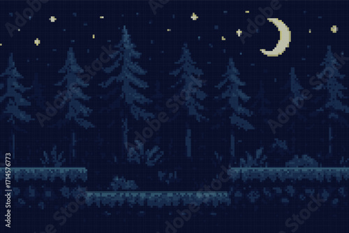 Pixel art night forest background with pine trees, crescent moon and stars in dark blue sky, retro 8-bit style game landscape
