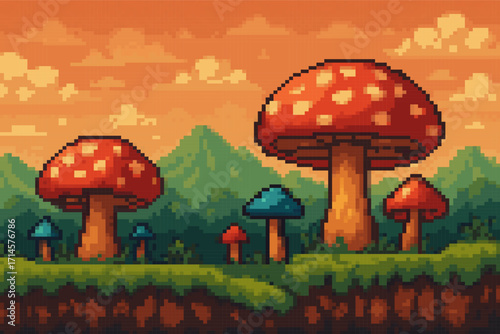 Pixel art fantasy forest background with giant mushrooms, colorful fungi, mountains and orange sunset sky, retro 8-bit style game landscape