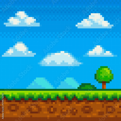 Pixel art game background with blue sky, white clouds, green grass, soil blocks and a tree, retro 8-bit platformer landscape