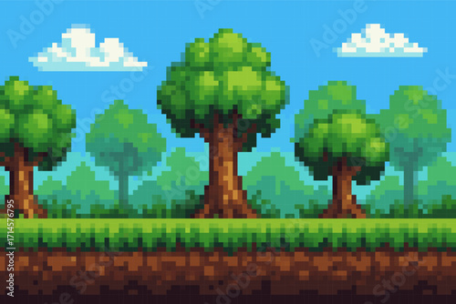 Pixel art forest background with big trees, green grass, blue sky and clouds, retro 8-bit style game landscape