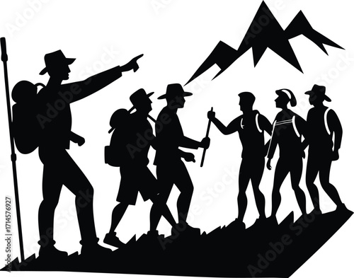 hiking vector silhouette illustration group of hikers following leader silhouette