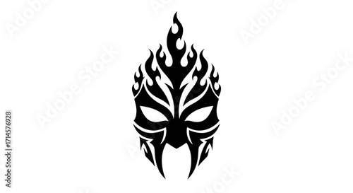 A striking black tribal mask with flame-like accents, evoking a sense of power and mystery.