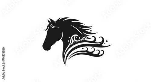 A stylized black silhouette of a horse's head with a flowing mane that transforms into decorative swirls and dots.