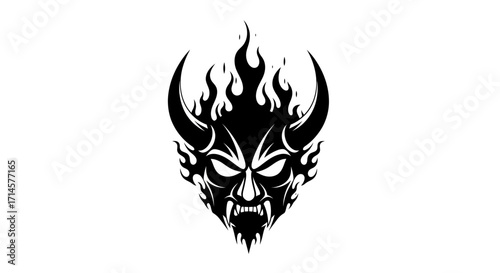 A striking black and white illustration of a demonic face with horns and flames erupting from its head.