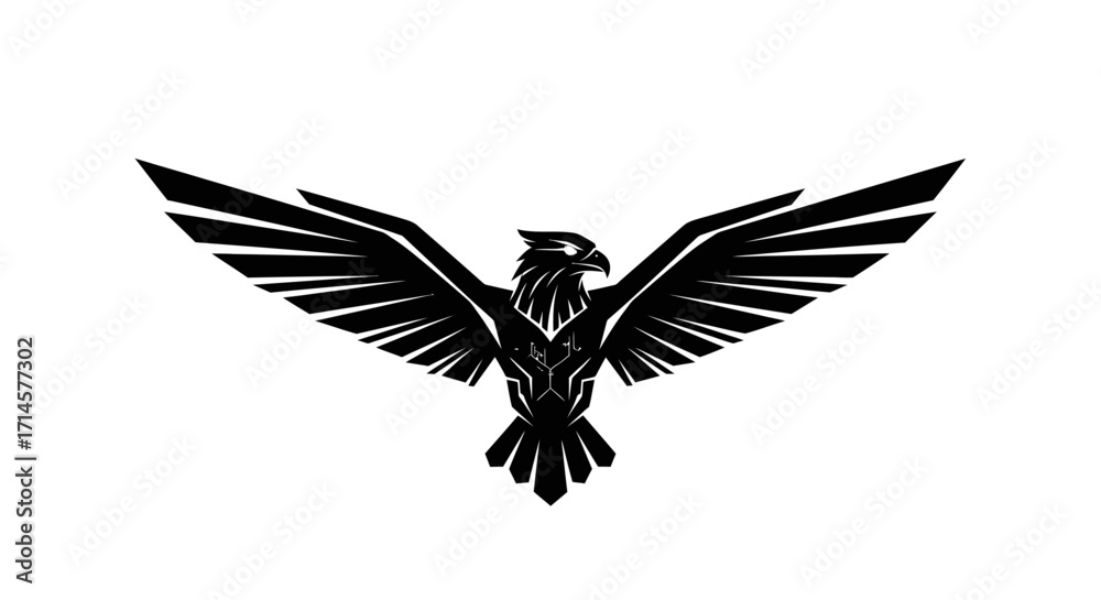 Fototapeta premium A striking black silhouette of an eagle with its wings spread wide, set against a white background.