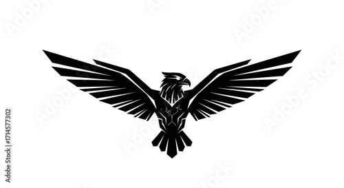 A striking black silhouette of an eagle with its wings spread wide, set against a white background.