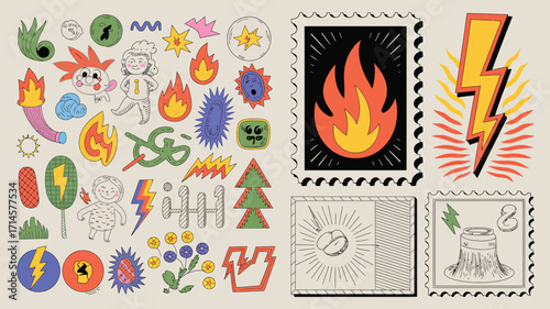 Vector illustration of a set of fire icons with hot orange and yellow flames, a natural art design