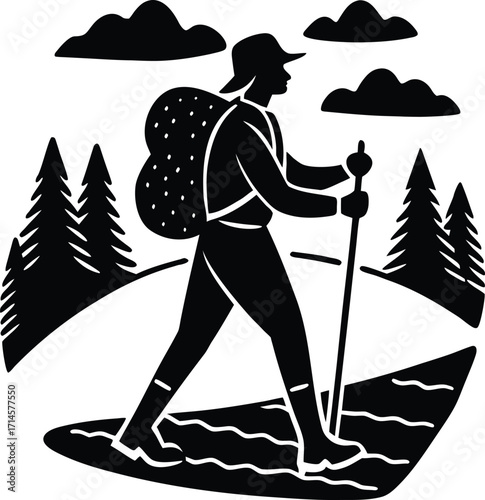 hiking vector silhouette illustration backpacker resting with hiking stick