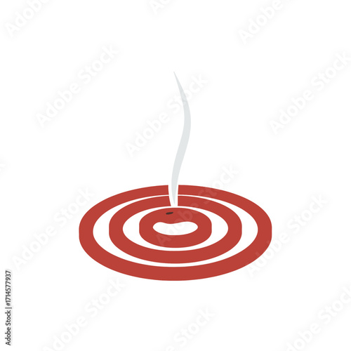 A classic red mosquito repellent coil burning with a thin wisp of smoke, a spiral incense illustration for summer insect and pest control