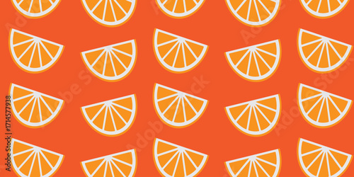 Seamless pattern of orange slices on a vivid orange background, symbolizing freshness, tropical vibes, and vibrant fruity design for creative projects.